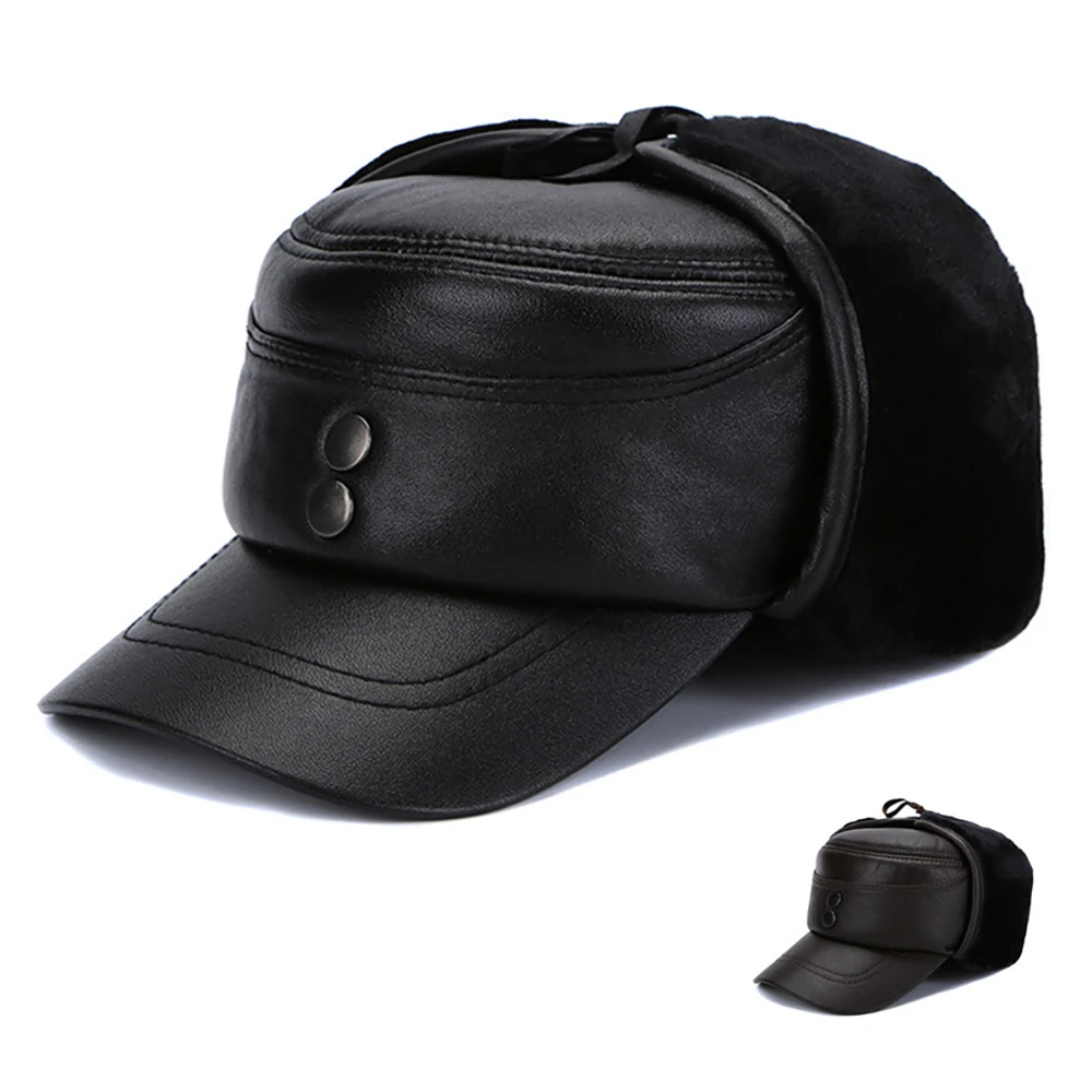 Men Ear Flap Genuine Leather Hat Winter Vintage Baseball Caps Thicken Warmer Flat Hats Fashion Real sheepskin Cap 2025