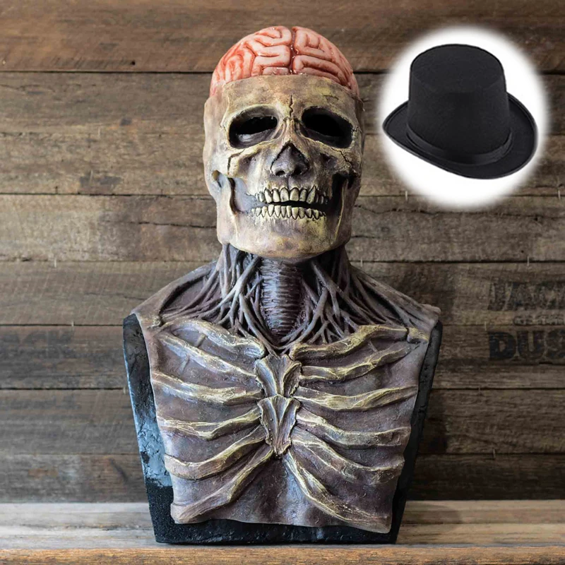 Skull Latex Mask Horror Brain Mask with Black Hat For Halloween Party Masquerade Costume, Halloween Show Props Funny Face halloween mask props