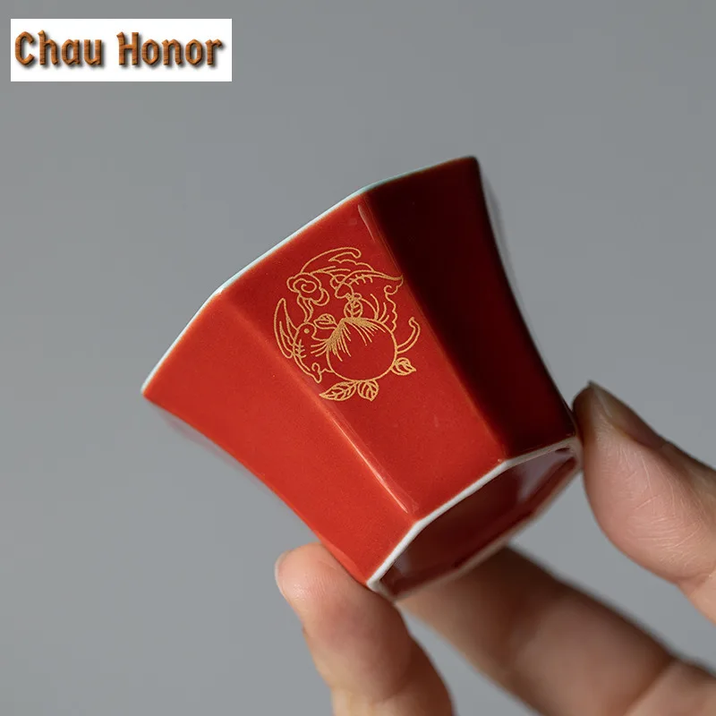 2pc/set Boutique Palace Red Glaze Art Ceramic Tea Cups Chinese Embroidered Single Master Cup Kung Fu Puer Teaset Drinkware 30ml 
