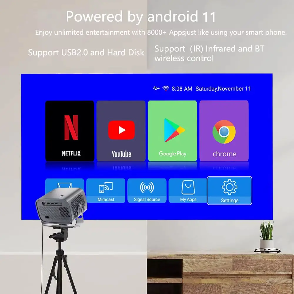 A10 Android 11 Projector Dual WIFI BT5.0 Portable 3D Home