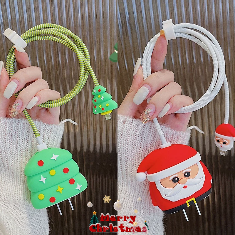 Christmas New Year Series Usb Cable Winder Charger Protector Soft Silicone Anti-Break Wire Organizer Cover Per Apple 18W 20W