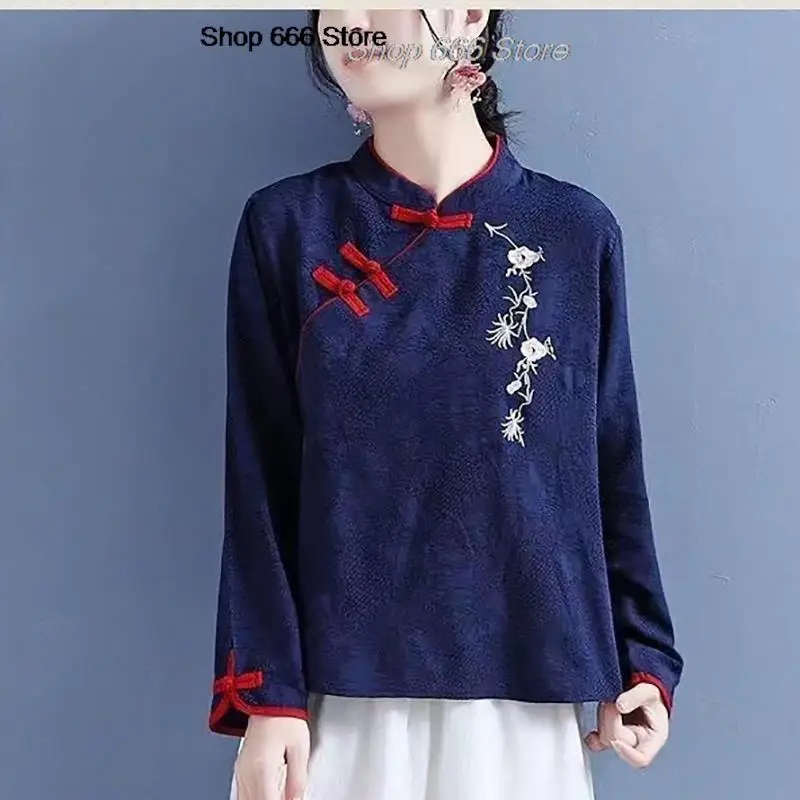 

Spring 2023 Cotton Hemp Button Embroidery Long-sleeved Stand Collar Top Chinese Style Oriental Traditional Vintage Shirt Hanfu