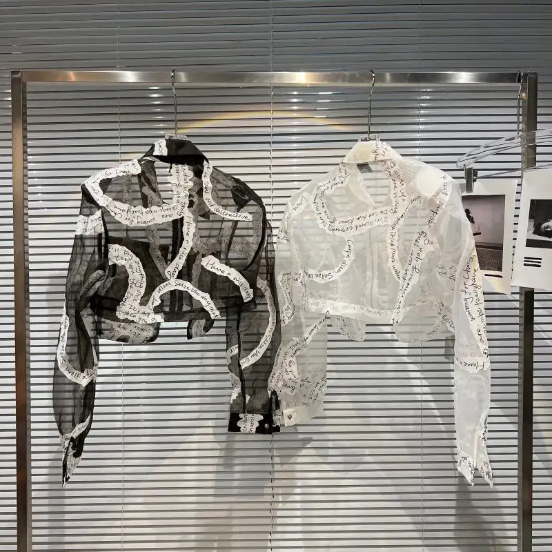 2022 New Summer Fashion English Alphabet Sheer Mesh Sunscreen Shirt Turn-down Collar Zipper Long-sleeved Thin Short Jacket Coat