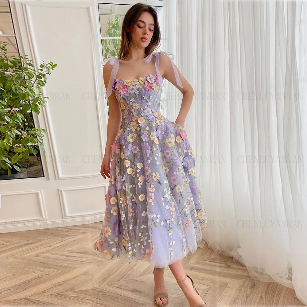 

Purple Formal Occasion Dresses Flower Genie A-Line Lace Party Dress Tea-Length Cute Sexy Cocktail Gowns فساتين مناسبة رسمية