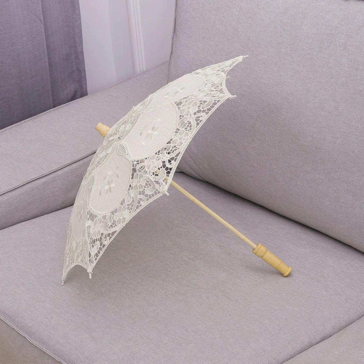 Lace Umbrella Handmade Cotton Craft Photography Prop Wedding Umbrella Decor Diameter 60cm (Beige)