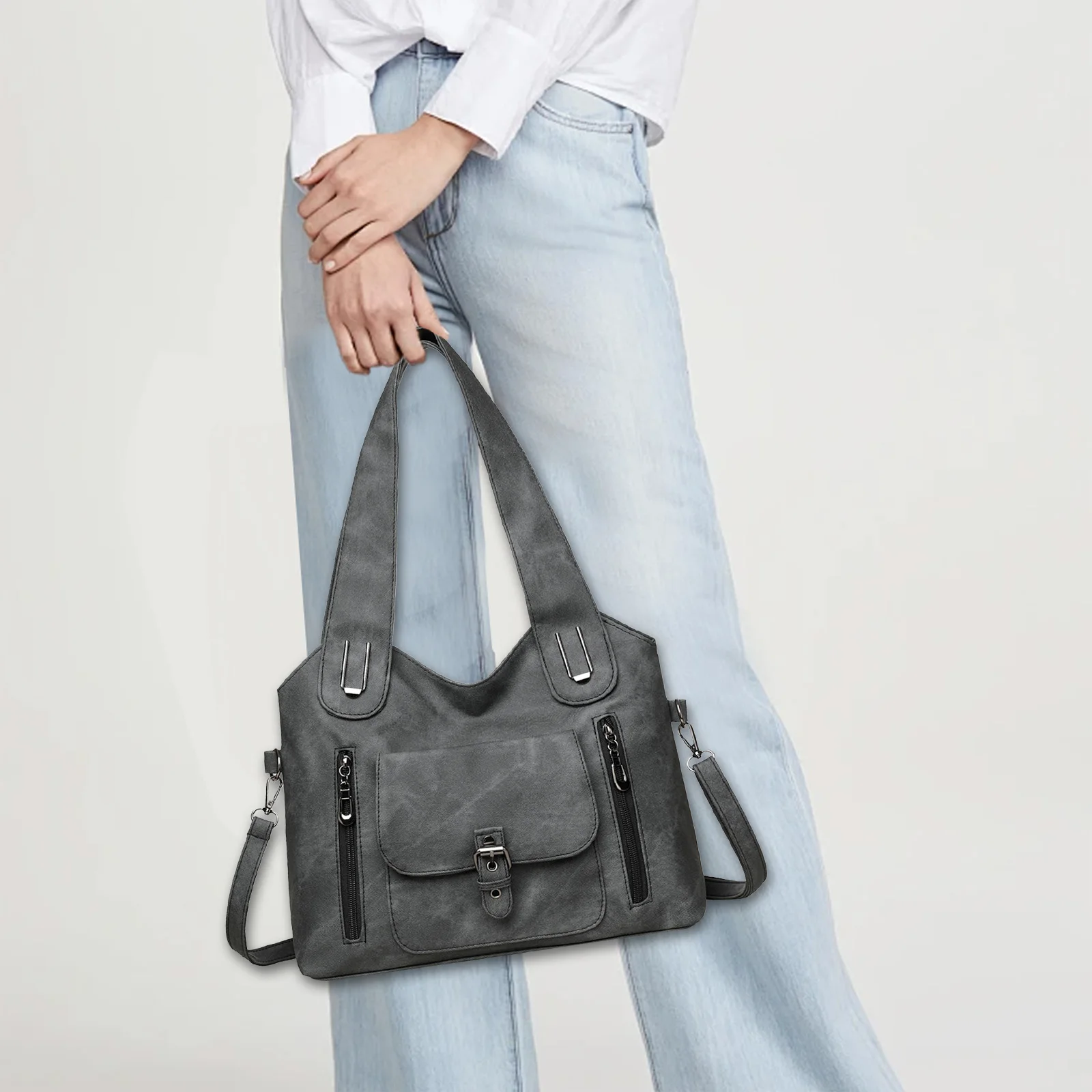 PU Leather Retro Sling Bag Large Capacity Vintage Shoulder Bag Zipper Closure Stylish Buckle Tote Bag Travel Shopping Handbag