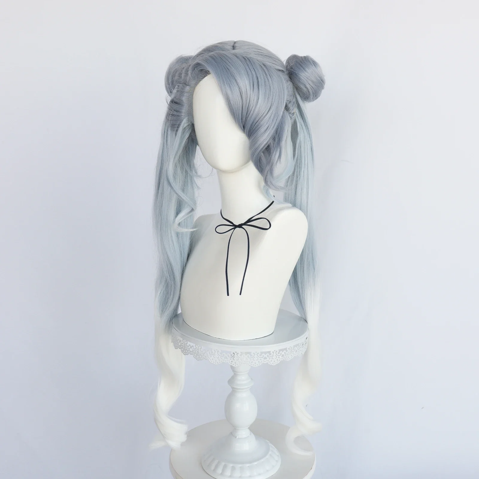 

34inch Blue White Grayish Tricolor Extra Long Lose Wave Ponytails Premium Synthetic Hair Anime Cosplay Wig with Bangs