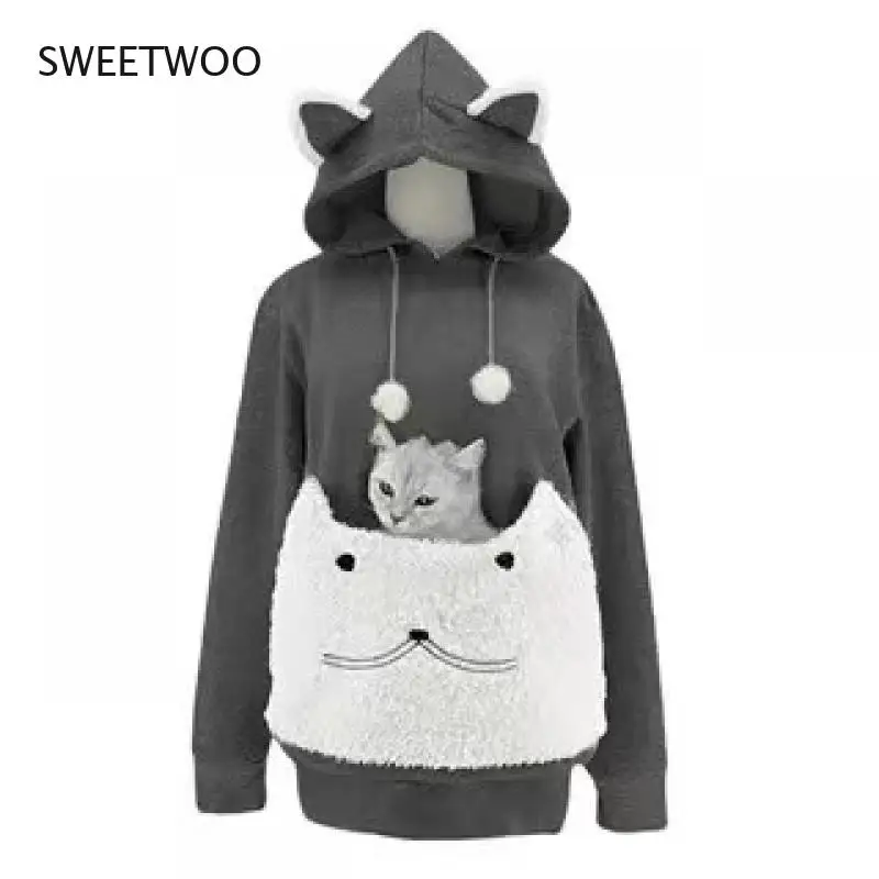 Women Hoodies Put Cat Sweatshirt Long Sleeve Loose Pullover Ear Shape Hat Ball String Print Cute Big Pocket Autumn Spring 2022
