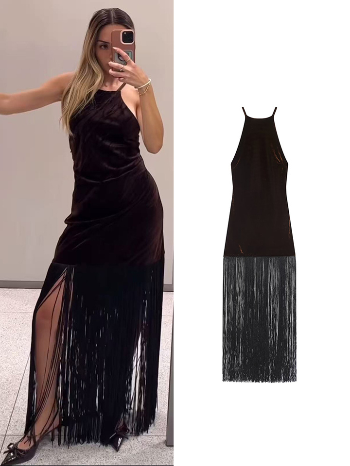 TFMLN 2026 New Women Tassel Halter Dress Sexy Solid Sleeveless Backless Slimming Maxi Dresses Female Vacation Party Gown