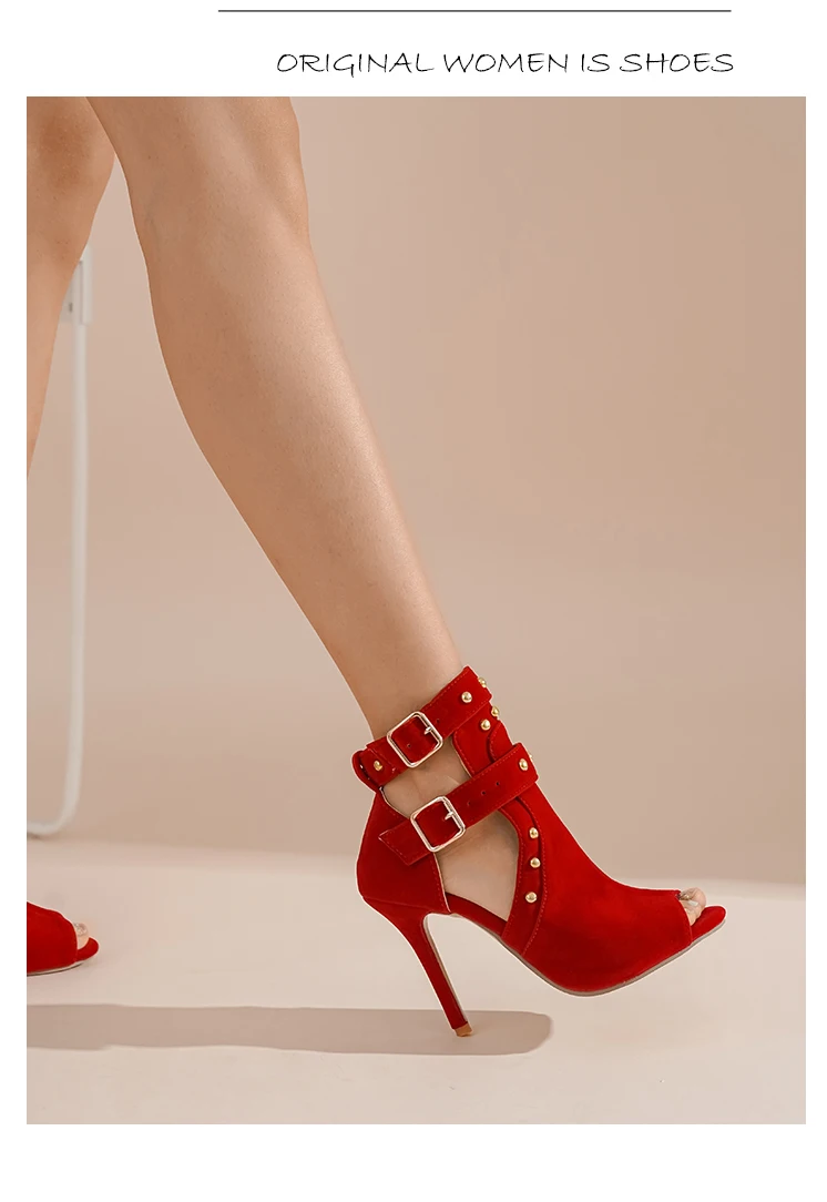 Stiefeletten, Sandalen mit ausgehöhltem Design, Nieten-Metallschnalle, High Heels, Peep-Toe, Turmschnalle, Stiletto-Absätze, ultrahohe Absätze, Rot, Schwarz, Blau, mattes Samtobermaterial, luxuriös, elegant, Frühling/Sommer neuer Stil – Detail 13