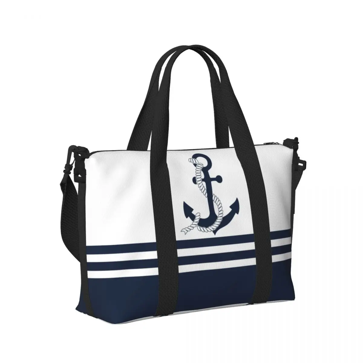 Nautical Blue Anchors With Blue And White Stripes Beach Tote Bag Extra Large Gym Carry On Navy Travel Shopping Bags
