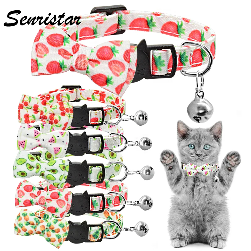 Cute Bow Tie Cat Collar Neckalce Bell Adjustable Breakaway Lovely Bow Knot Cat Collar Summer Fruit Print Pet Kitten Cat Collar sparkling pet cat collar with bell breakaway fashion adjustable kitten cat sequin collar neck strap cat accessories pet supplies