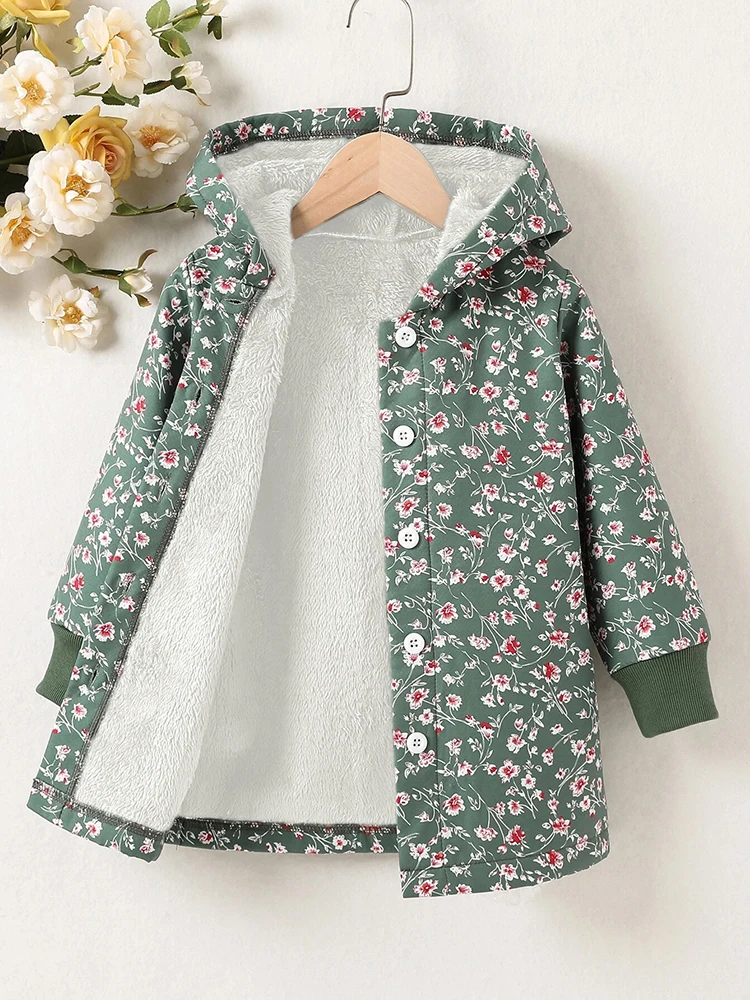 Girls floral warm button cardigan children's autumn and winter fleece hooded jacket girls winter coat
