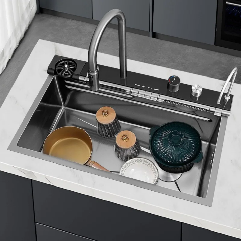 Stainless Steel Kitchen Sink Waterfall Faucet Large Single Sink Intelligent Dishwasher Digital Display and Light Effects