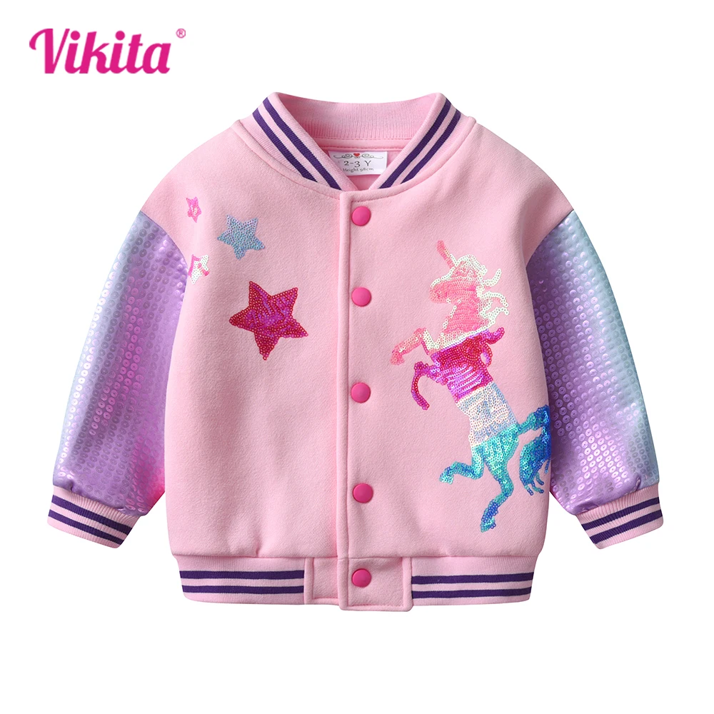 

VIKITA Kids Autumn Winter Thick Jacket and Coat Girls Unicorn Sequined Appliqued Pink Outwear Kids Cotton Casual Sport Jackets