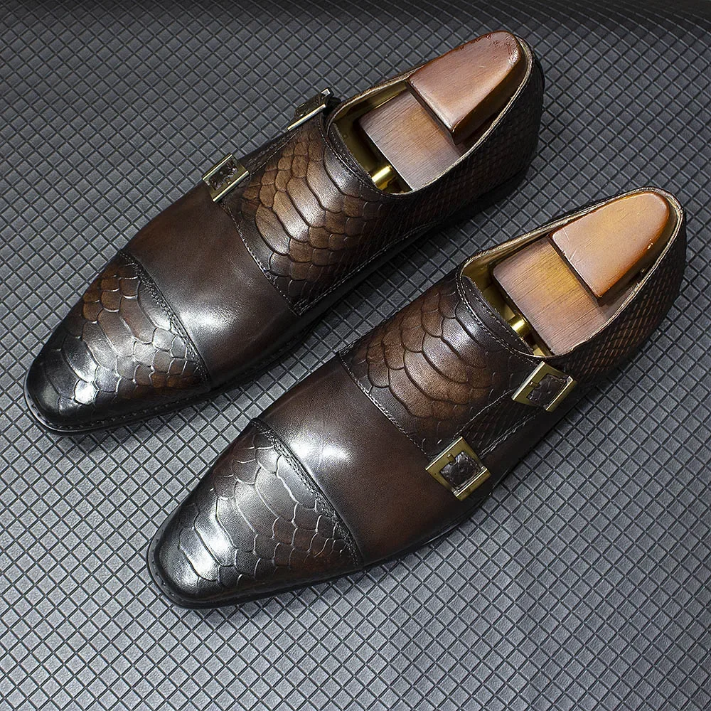 Luxury Double Buckle Monk Strap Mens Dress Shoes Genuine Leather Formal Shoes Classic Crocodile Pattern Business Office Footwear