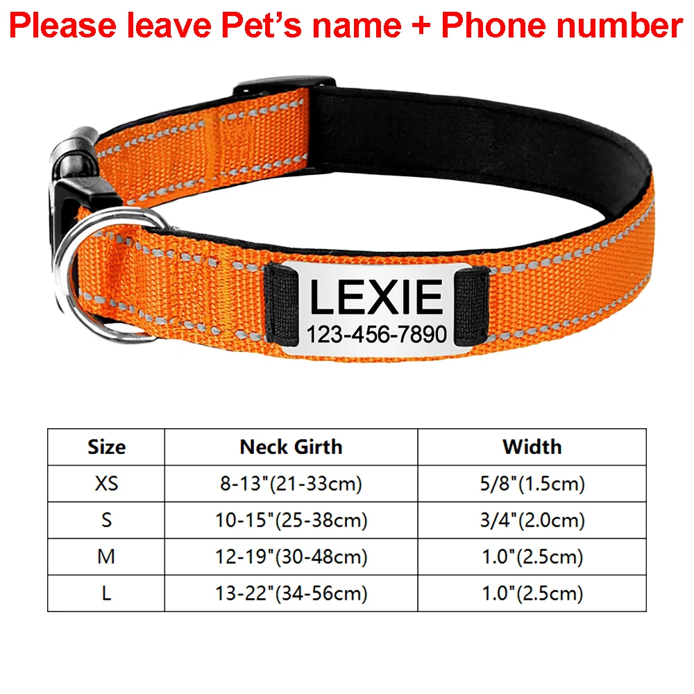 Collares de nailon reflectantes ajustables para perros con etiqueta de identificación con nombre grabada personalizada, collar luminoso personalizado para cachorros, collar unisex grande