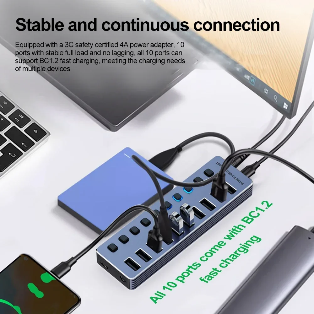 Aluminum 7-Port USB 3.0 Hub with On/Off Switches and Power Adapter