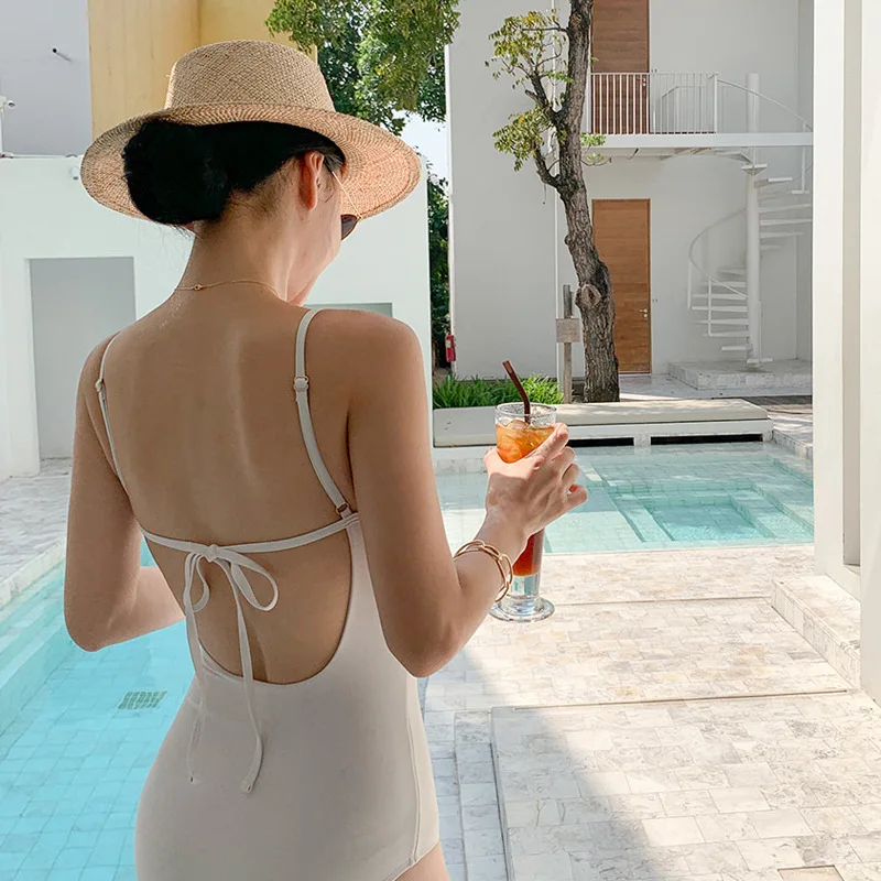 

Корейский слитный купальник с открытой спиной, Женский однотонный купальник, купальник пуш-ап, качественный купальный костюм, сексуальный Монокини, пляжная одежда, новинка 2023