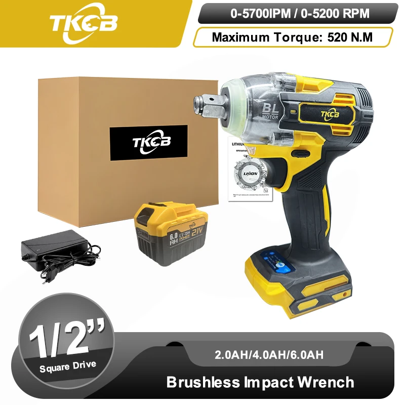 Impact Wrench 520n.M Brushless Electric Impact Wrench 1/2 In. Lithium-Ion Battery 18 Volt Makita Compatible Automotive Repair