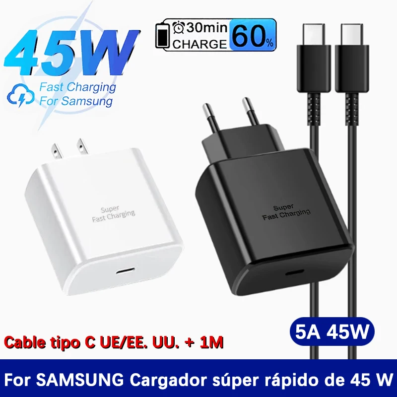 Cargador Samsung de 45W, adaptador tipo C de carga súper rápida para Galaxy S24 S23 S22 S21 Tab S10 Ultra S9 FE A16 5G A55 C55 Note 10 Plus
