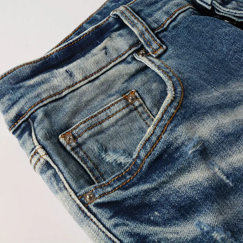 High Street Fashion Men Jeans Retro Blue Stretch Skinny Fit Ripped Jeans Men Bandana Patched Designer Hip Hop Brand Pants Hombre