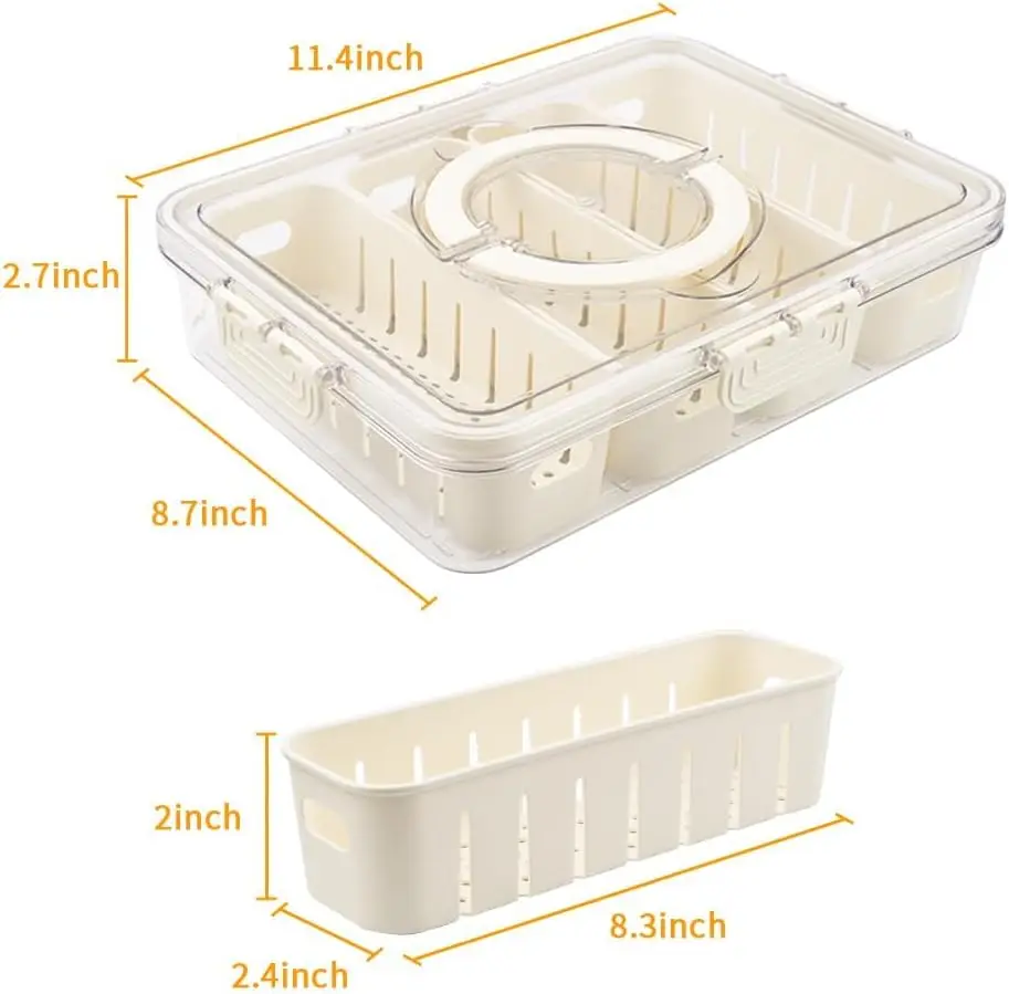 Food Storage Container With 4 Grids, Plastic Food Containers with Removable Drain Plate and Lid, Stackable Portable Freezer 2