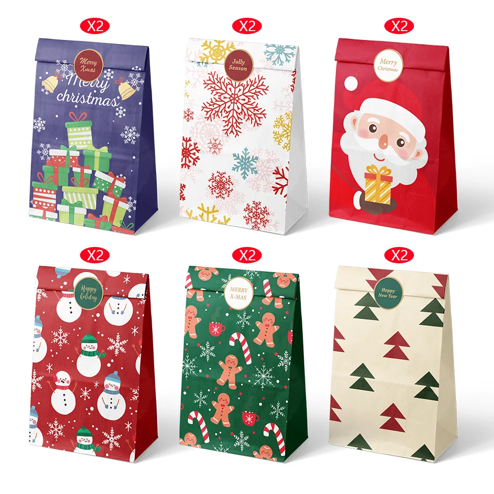 Set of 12/24 Retro Christmas Kraft Paper Gift Bags - Festive Holiday Wrapping Supplies