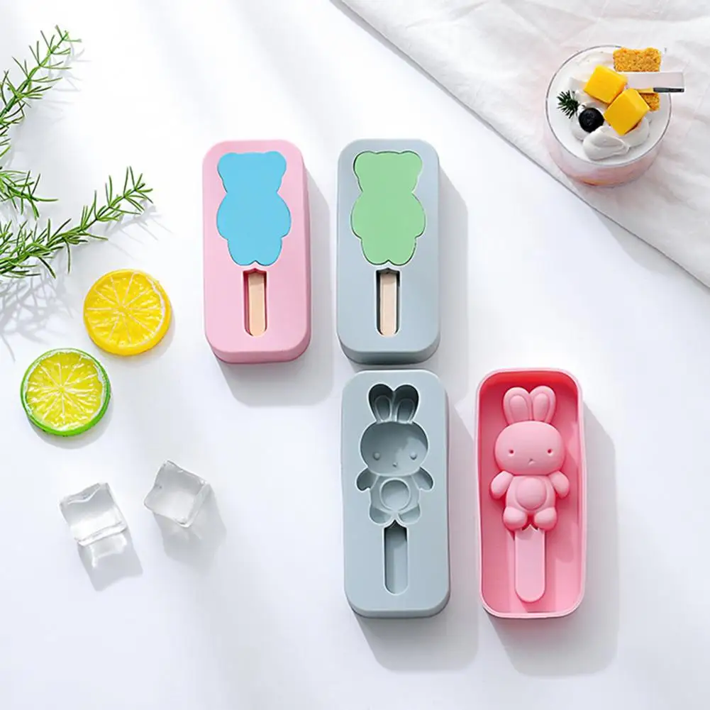Ice Cream Mold With 20 Sticks Silica Gel Bear Rabbit Shaped Popsicle Mold Silicone Mold DIY Ice Cube For Summer Kitchen Gadget