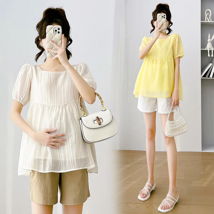 

2024 Summer Maternity Shirts with Lining Puff Sleeve Square Collar High Waist Pregnant Woman Pleated Blouses Pregnancy Top Tees