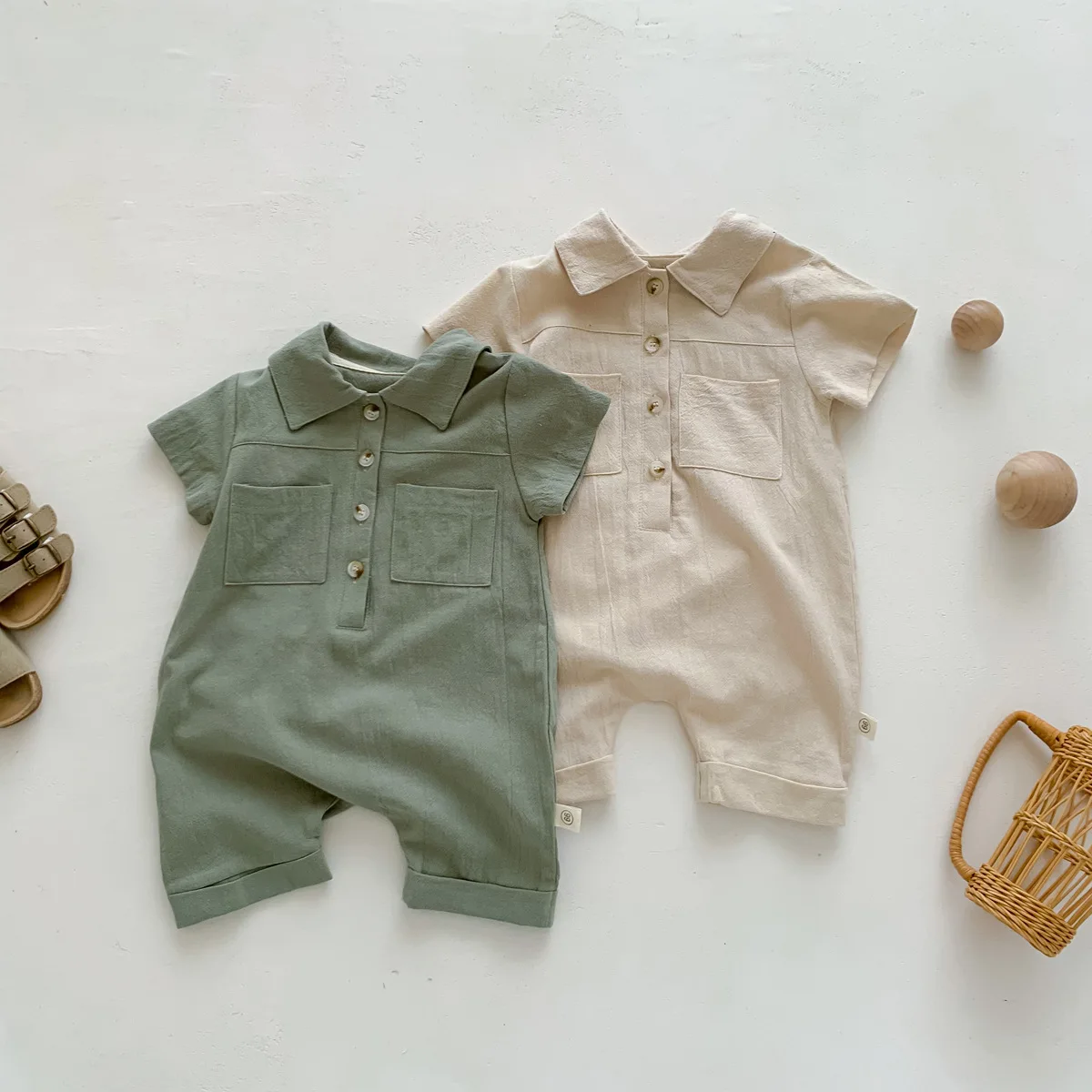 

2023 Summer Baby Boys Rompers Cotton Short Sleeve Infant Jumpsuit Open Buckle Lapel One Piece Newborn Boys Clothes