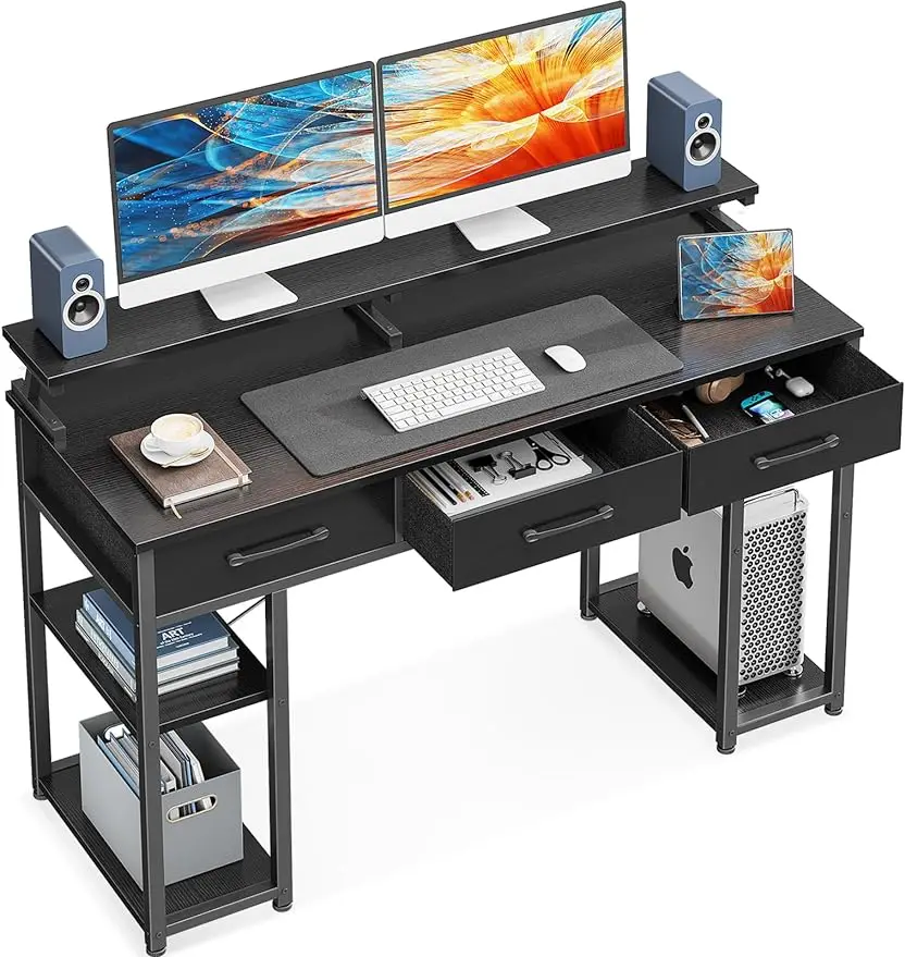 ODK Computer Desk with Drawers and Storage Shelves, 48 inch Home Office Desk with Monitor Stand, Modern Work Study Writing Table