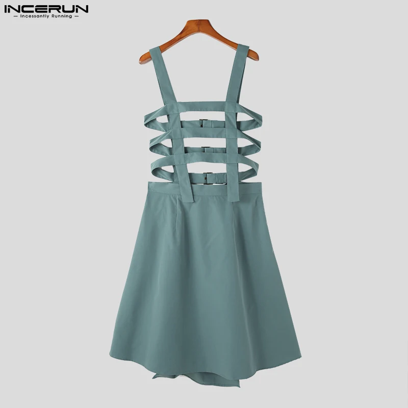 Men Rompers Stylish Well Fitting Men Rompers INCERUN Pleated Design Skirts Pants Casual Irregular Hem Solid Straps Half Skirt Jumpsuit S-5XL