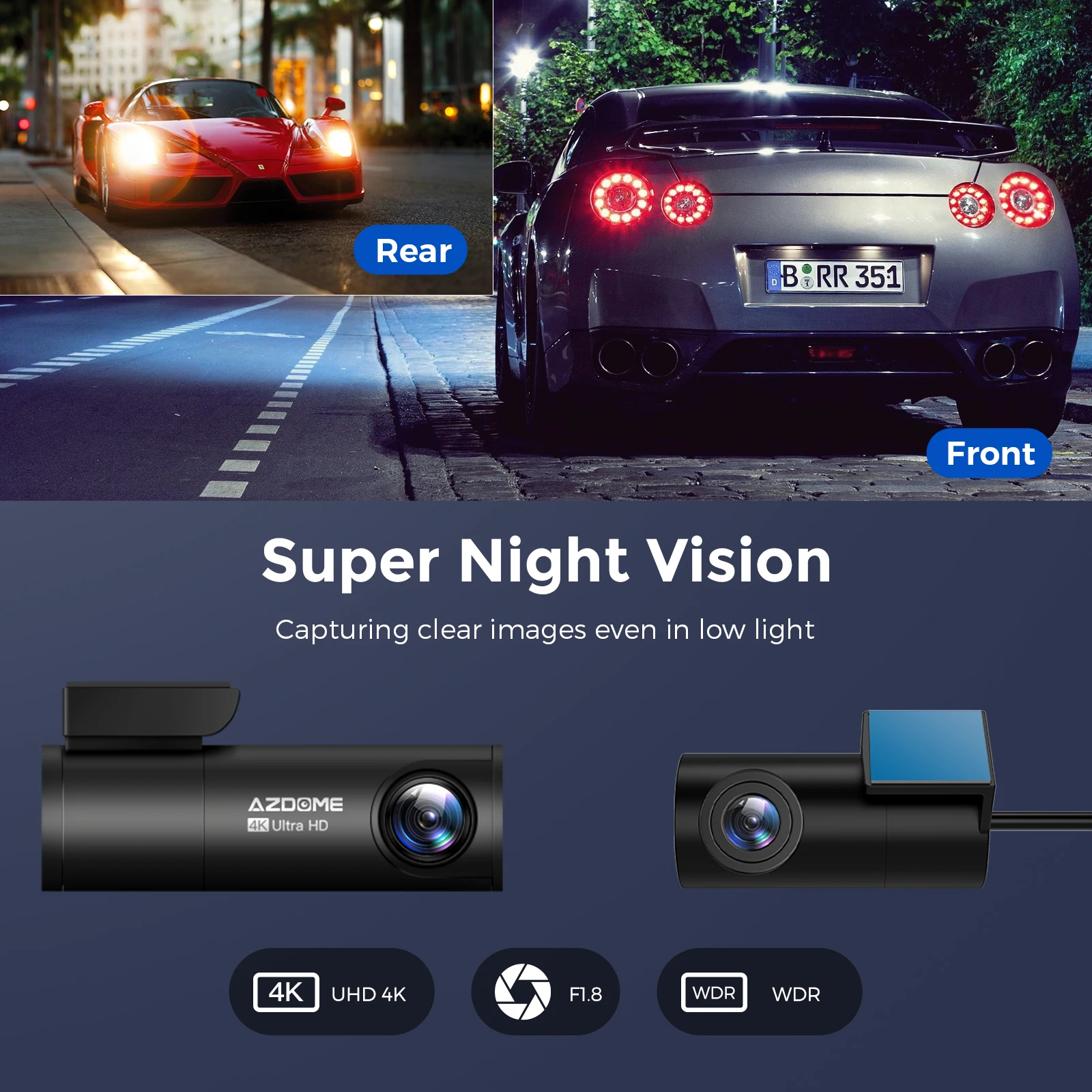AZDOME M300S 2 ä ڵ ڴ, 4K + 1080P ĸ ī޶, 800MP , GPS  ڵ DVR    ķ, Ʈ 