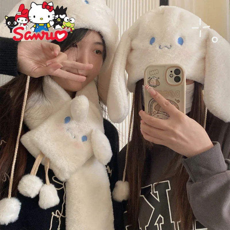 Sanrio Cinnamoroll Hat Scarf Set Cartoon Sweet Girl Big Ear Hairball Winter Cartoon Plush Winter Warm Anti-Cold Christmas Gift