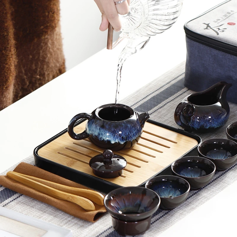

Японский уличный чайный набор, керамический дорожный синий роскошный портативный чайный набор с деревянным подносом, семейный чайник, кухонные аксессуары