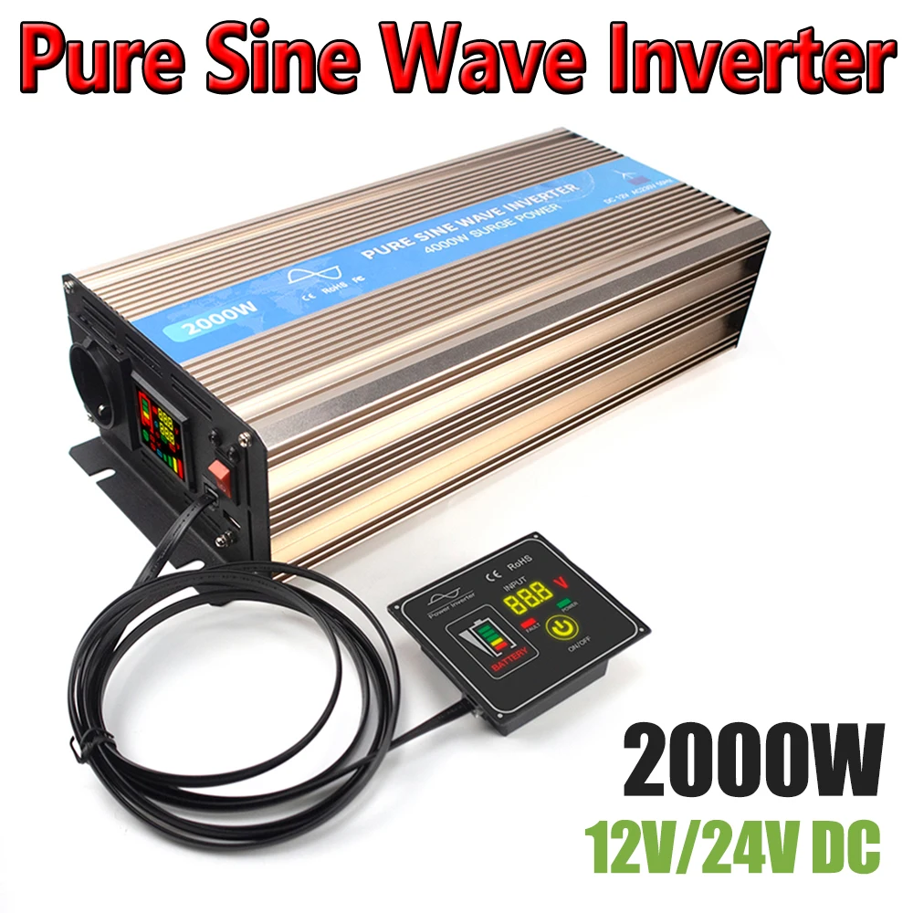2000W Inverter Solare A Onda Sinusoidale Pura 12V 24V Convertitore Di Tensione Inverter Off Grid 110V 220V Inversor Usb 5V 1A Energia Solare Eolica