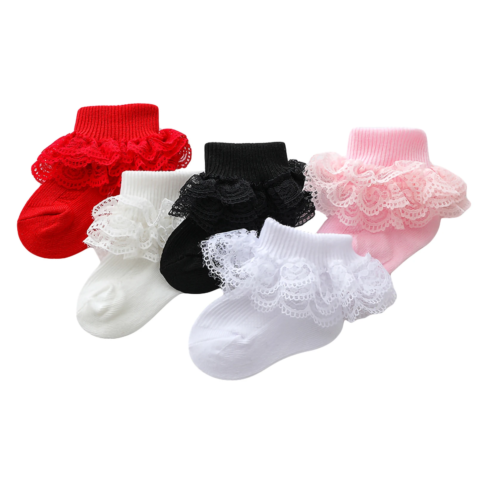 FOCUSNORM 0-12M Baby Girls Boys Socks 5 Colors Solid Cute Frilly Lace Flowers Birthday Gift Socks 4