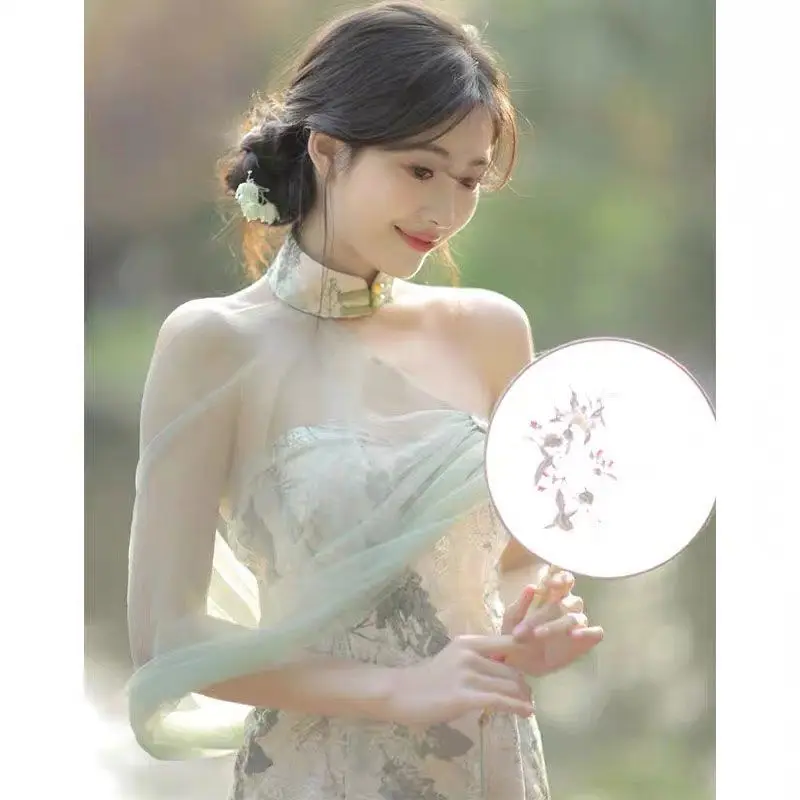 

French small off-the-shoulder strap improved long cheongsam dress summer style skirt