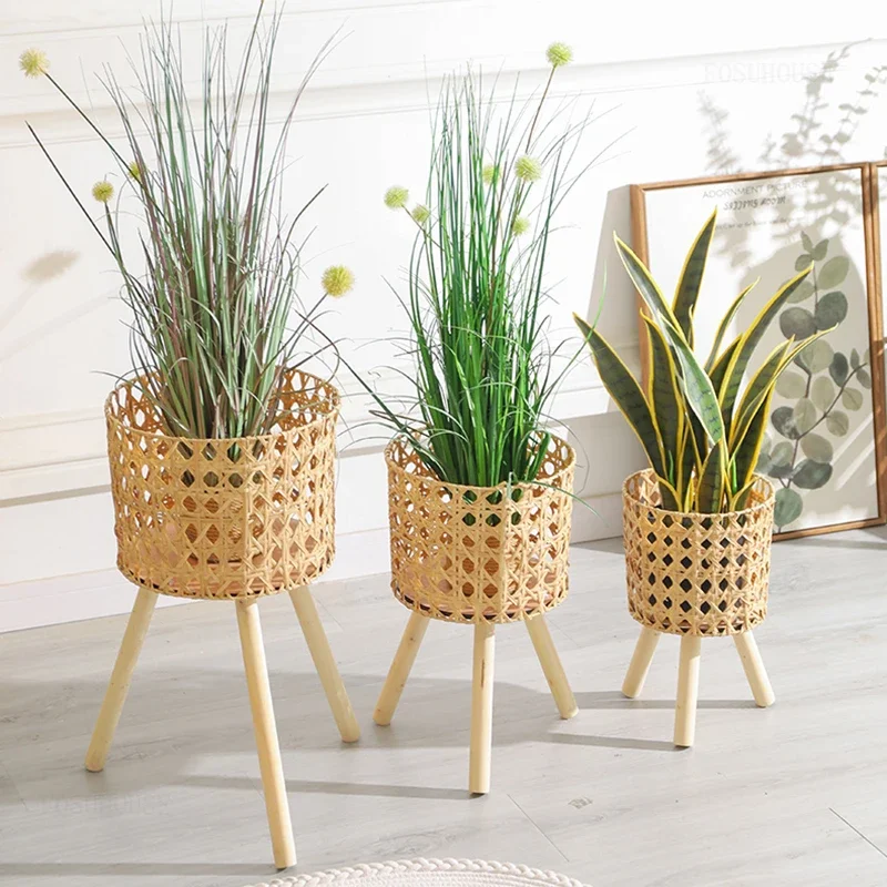 Creative Unique Flowerpot Holder for B&B Simple Breathable Decoration Plant Stand European Rattan Plant Shelves for Indoor