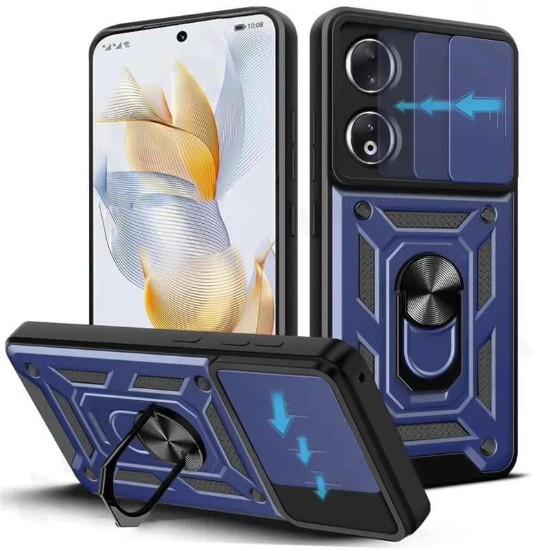 Armor Shockproof Phone Case with Magnetic 360-Degree Ring Holder and Slide Lens Cover