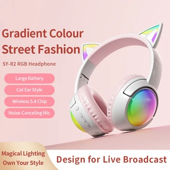 Cute Cat Ear RGB Wireless Headphones, Bluetooth 5.4, 350mAh Battery, 20H Playtime, Foldable Over-Ear Headset with Mic, HiFi Soun 4