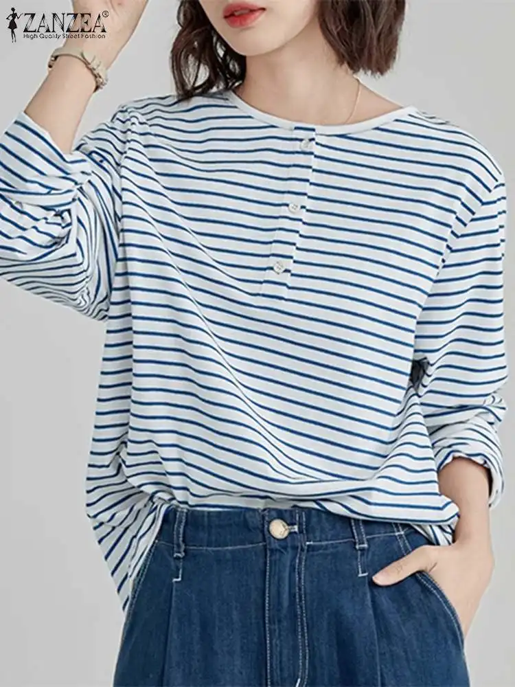 

ZANZEA Women Loose Crewneck Blouse Striped T Shirt 2024 Summer Long Sleeve Casual Simple Tops Fashion Holiday Basic Tees Femme