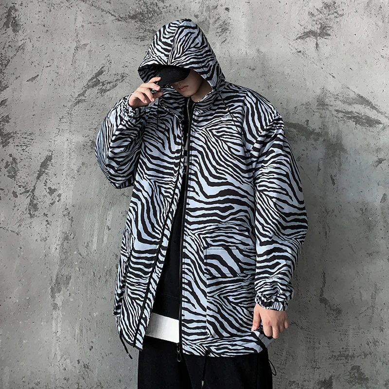 

Fashion Oversize Jacket Men Zebra Stripes Hooded Windbreakers Korean Style Clothing High Street Hip Hop Young Streetwear Coat