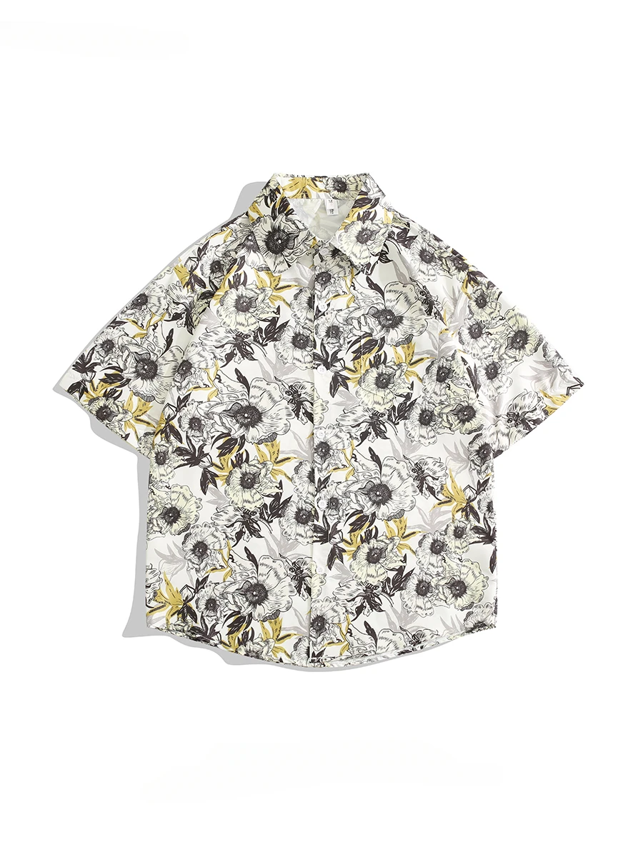 

Men's Lapel Short-sleeved Full-printed Shirts Trendy Brand Summer Seaside Beach Holiday Loose Casual Single-breasted Blouse Tops