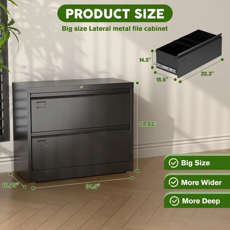 2 Drawer Wide Lateral File Cabinet, Metal Filing Cabinet with Lock, Suitable for Home Office School Hanging Files Letter/Legal