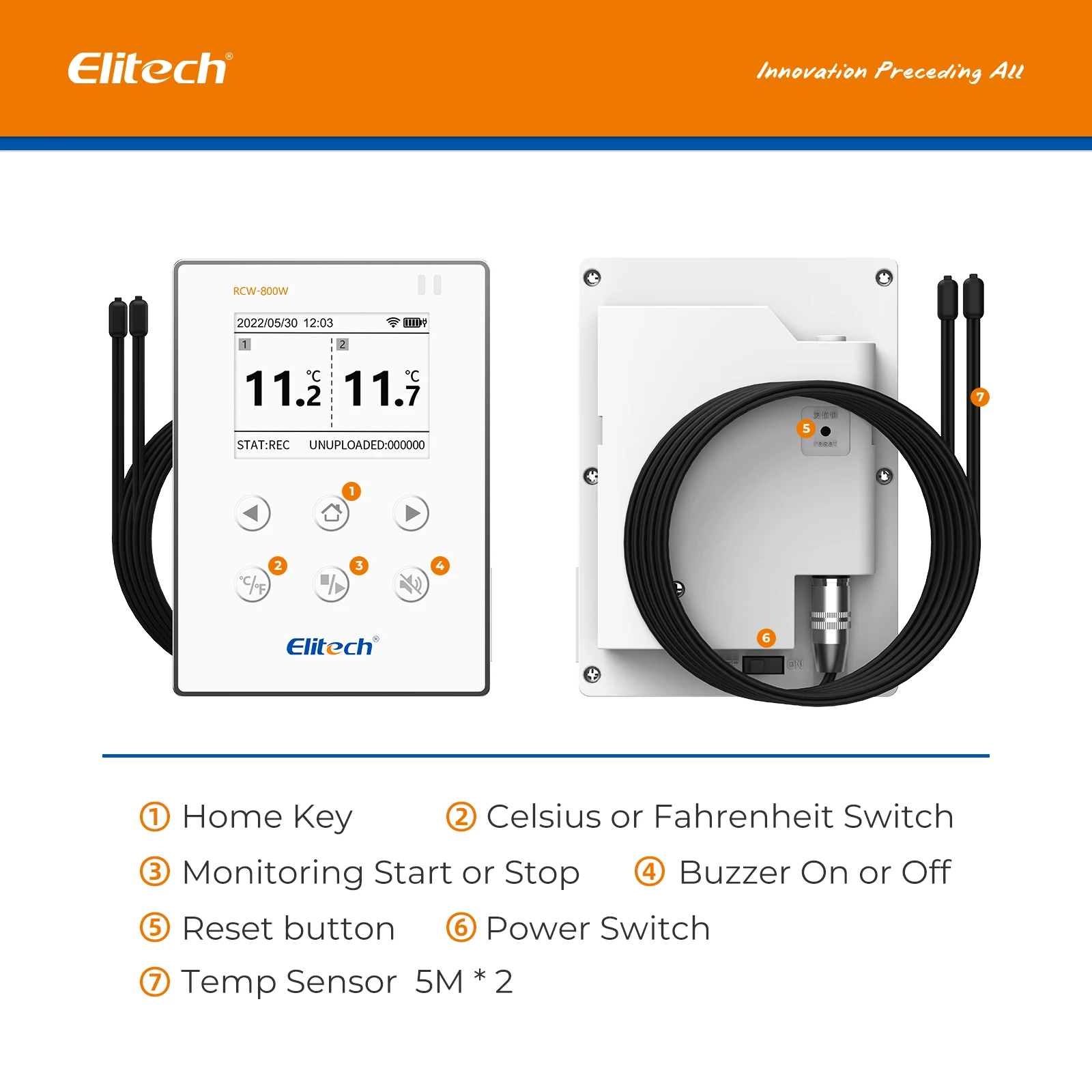 Elitech RCW-800W-TDE 무선 디지털 온도 데이터 로거, 클라우드 데이터 스토리지, 와이파이 듀얼 외부 온도 프로브