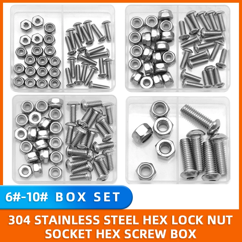 6-32 8-32 10-24 Nylon Insert Lock Nut & Hex Socket Cap Screw 304 Stainless Steel Assortment Set Imperial/US Standard, Anti-Loose