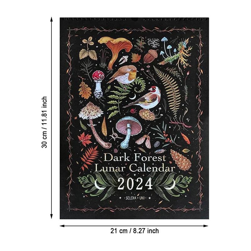다크 포레스트 음력 달력 2024, 12 월 다채로운 12 가지 오리지널 일러스트레이션, 12x8 인치