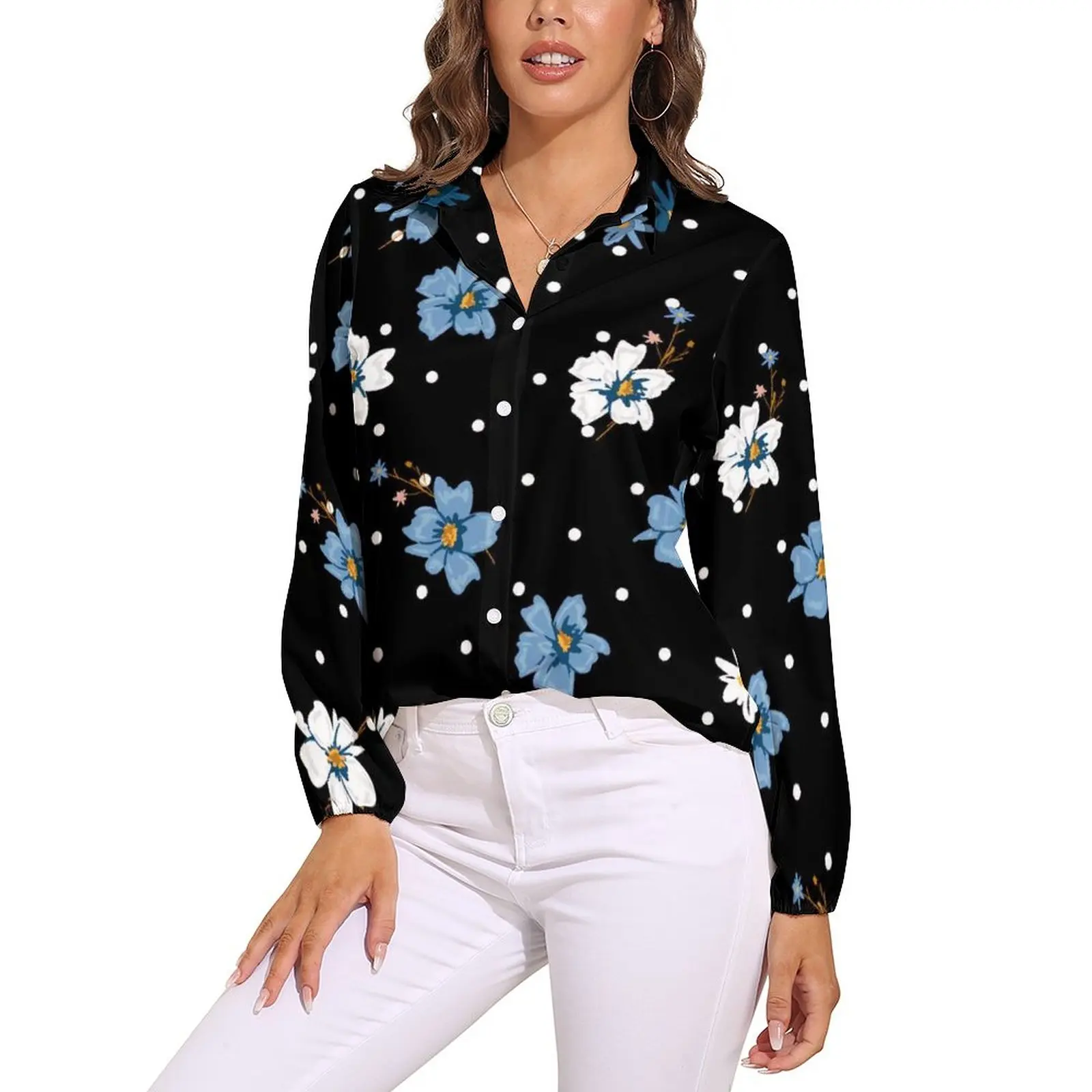 Blue White Daisies Blouse Polka Dots Floral Pirnt Office Printed